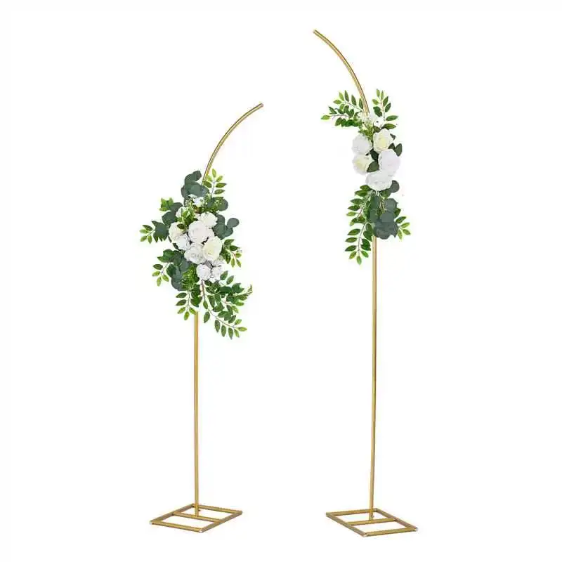 

Metal Arch Backdrop Stand Set of 2 Gold Curved Top Wedding Arch Frames with 2 Sets Artificial White Rose Flowers for Baby Showe