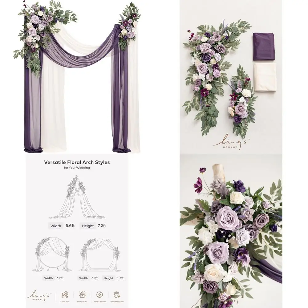 

Набор из 4-х фиолетовых искусственных элементов для свадебной арки: 2 подвесные цветочные композиции и 2 шифоновые драпировки для церемоний и декора на открытом воздухе