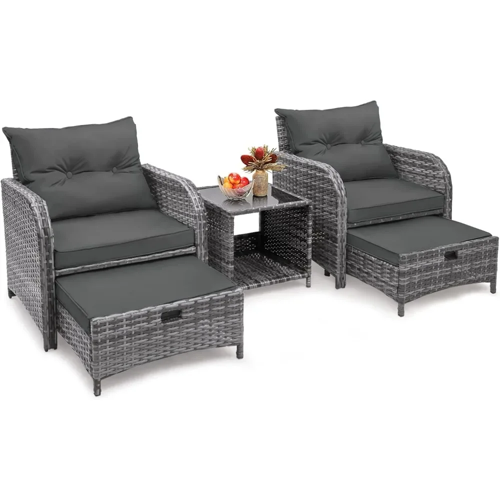 

5 Pieces Wicker Outdoor Patio Chairs Set with Ottoman, Patio Furniture Set with Foot Rest Underneath, PE Rattan Garden Arm Chair