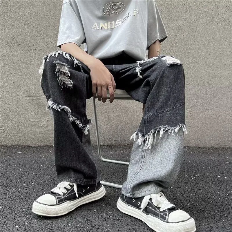 2024 New Jeans Men Ripped Tassel Color Collision High Waist Full Length Thin Loose Straight Casual Male and Female Denim Pants