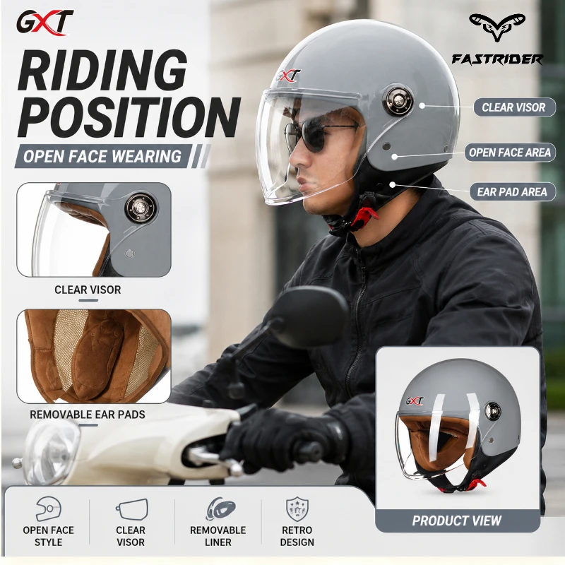 GXT Open Face Motorcycle Helmet Clear Visor Removable Liner Retro Scooter Riding Helmet for Men Women