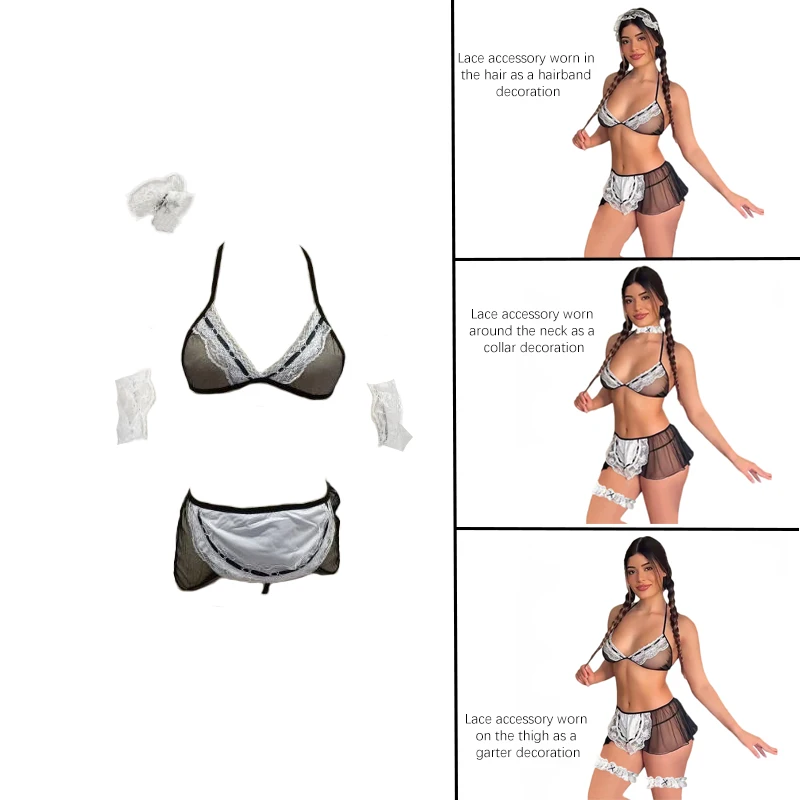 Lencería de encaje Sexy para mujer, uniforme de Lolita, porno, erótico, blanco y negro, traje de juego de rol, delantal de disfraz