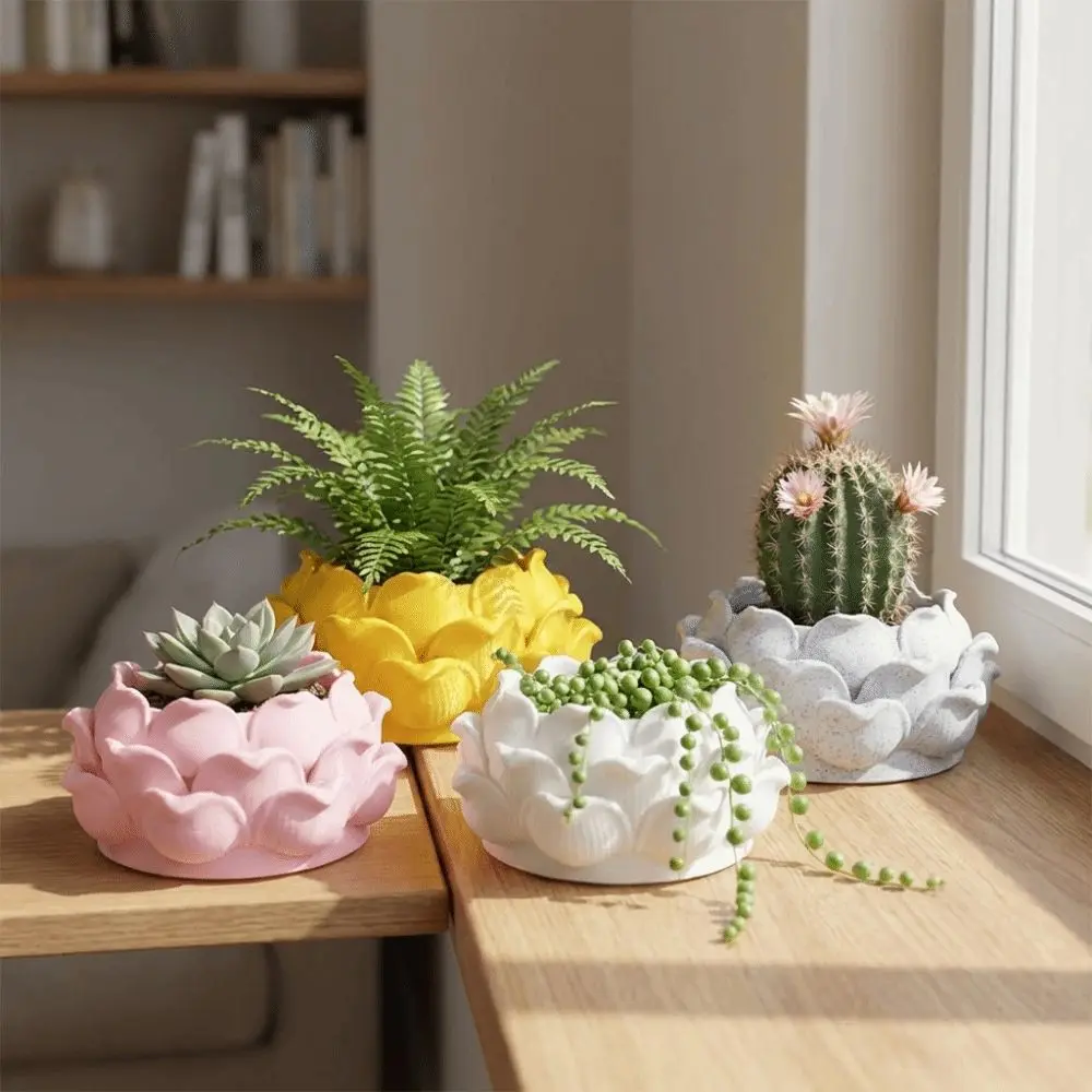 Lotus Shaped Succulent Plant Pot 3D Printed Plastic Growing Pots with Drainage Hole Flower Vase Jewelry Storage Box