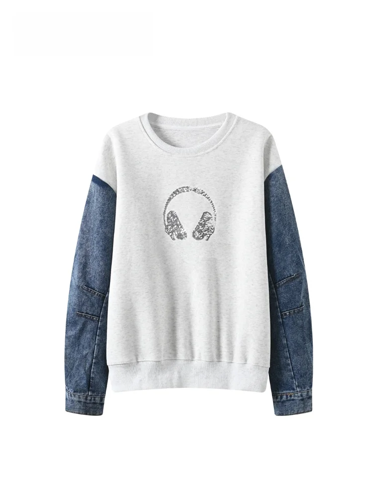 

Женская толстовка больших размеров с длинным рукавом и круглым вырезом, осенне-зимняя, новая, с лоскутным дизайном, модный топ для полных женщин