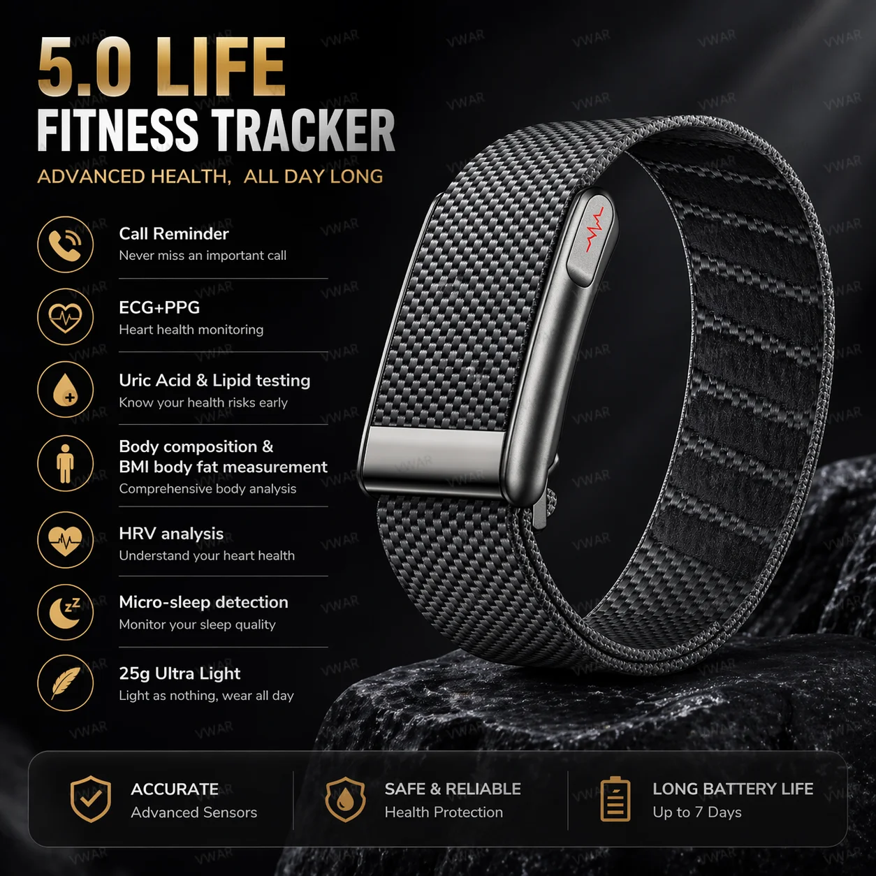 5.0 MG Fitness Tracker Nursing Grade Smart Bracelet SpO2 Blood Lipid Uric Acid ECG+PPG Waterproof Body Temperature Sport Band