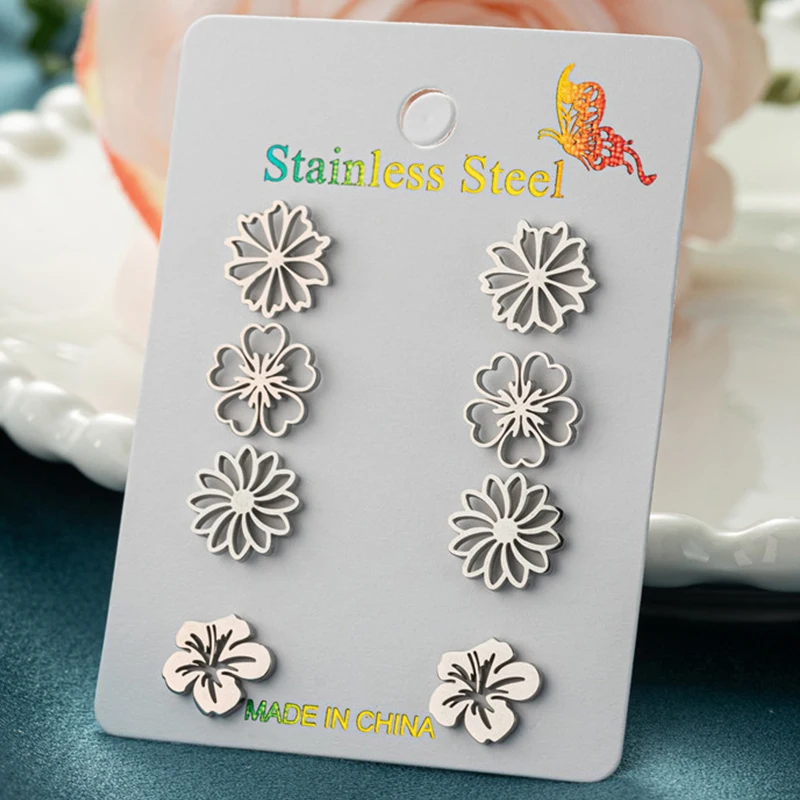 4 Paare/los Großhandel Vintage Metall Pflaumenblüte Kleine Ohrringe für Frauen Fashion Floral Aussage Ohrringe Blume Schmuck Geschenke