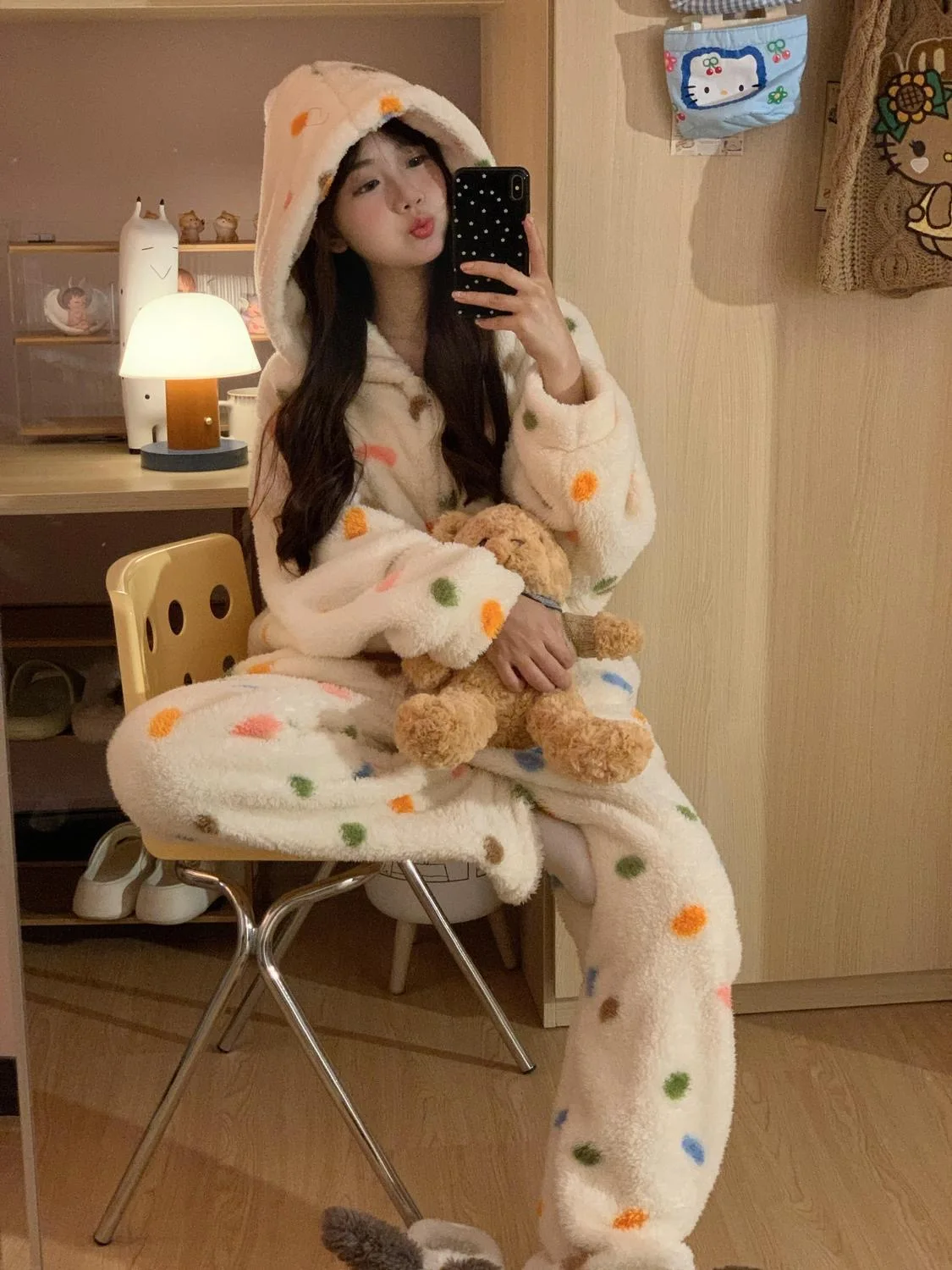 Colorful Dot Plush Pajama Sets Winter Warm Fluffy Zipper Sleepwear Pocket Women Soft Christmas PJS Y2K Korean Kawaii Nightwear