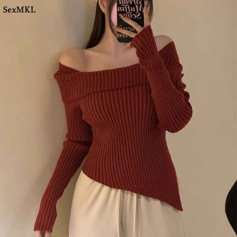 

Sexy Slim Off Shoulder Red Sweaters Women Knitted Pullovers Long Sleeve Y2k Clothes Office Ladies Black Tops Casual Jumpers
