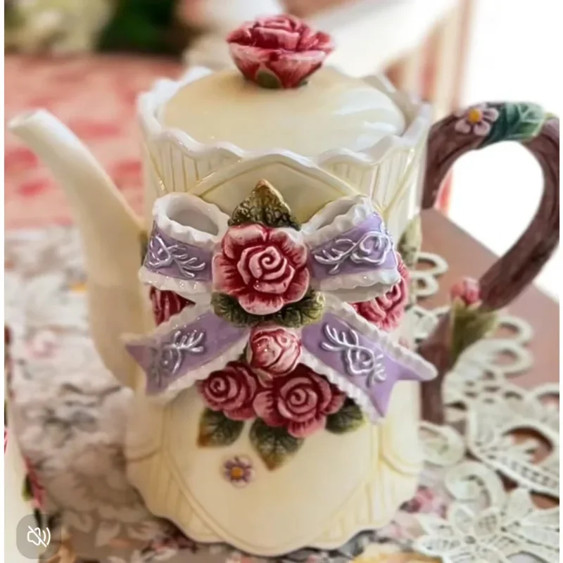 Europeu Cerâmica Coffee Pot, Underglaze Pintado Copo De Café, Alívio Rosa Chaleira De Chá, Belo Conjunto Da Tarde, Requintado