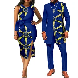 African Couples Women Print Wax Cotton Fashion Patchwork Hot Dress & Men 2 Pieces Shirt and Pants Sets