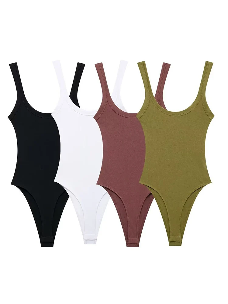 Schmale, gerippte Bodysuits für Damen, O-Ausschnitt, Träger, Druckknöpfe, weibliche Playsuits, sexy Mode
