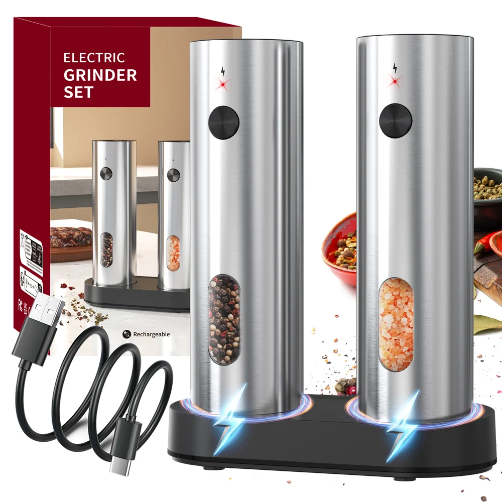 2pcs Stainless Steel Electric Salt and Pepper Grinder 110ml Capacity USB Rechargeable Spice Pepper Mills With Charging Base