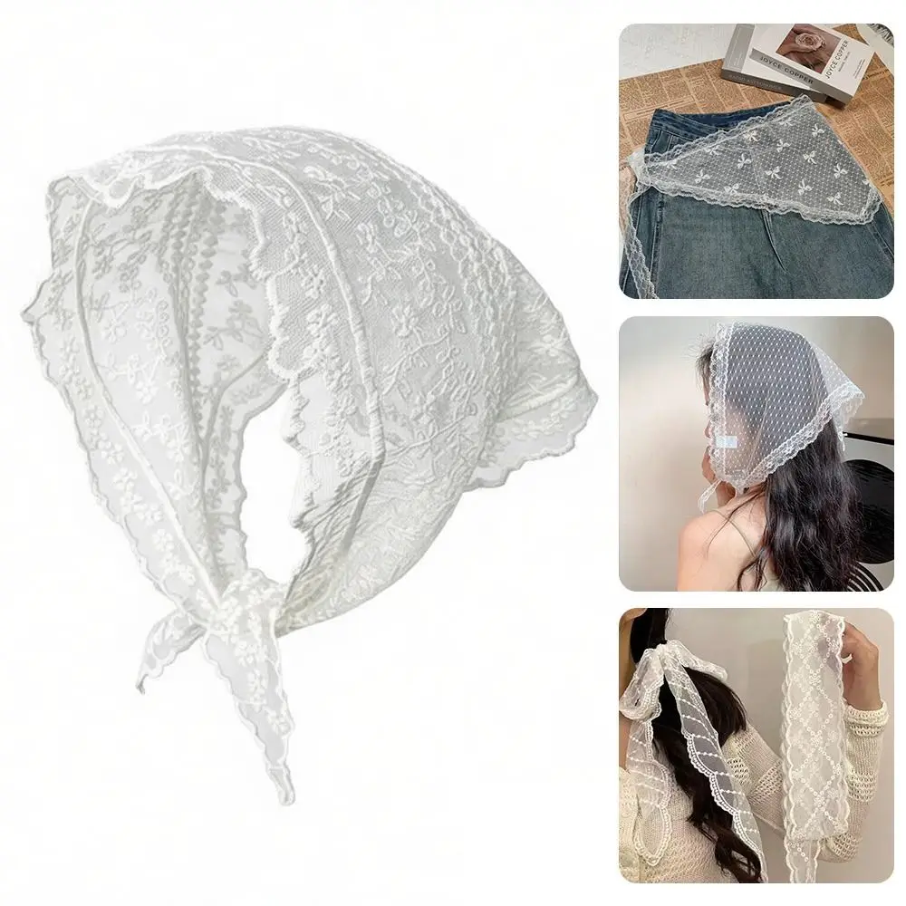 Sweet Embroidered Lace Triangle Headscarf White Pastoral Style Hair Bandana Hollow-out Woven Floral Hair Band for Women Girls