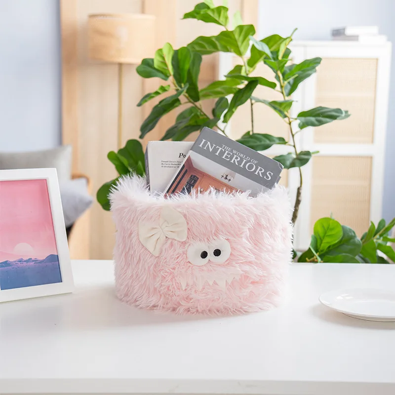 Pink Plush Storage Basket, Cute Cotton Rope Cartoon Storage Basket, Hand-woven Desktop Storage Box, Household Snack Bucket