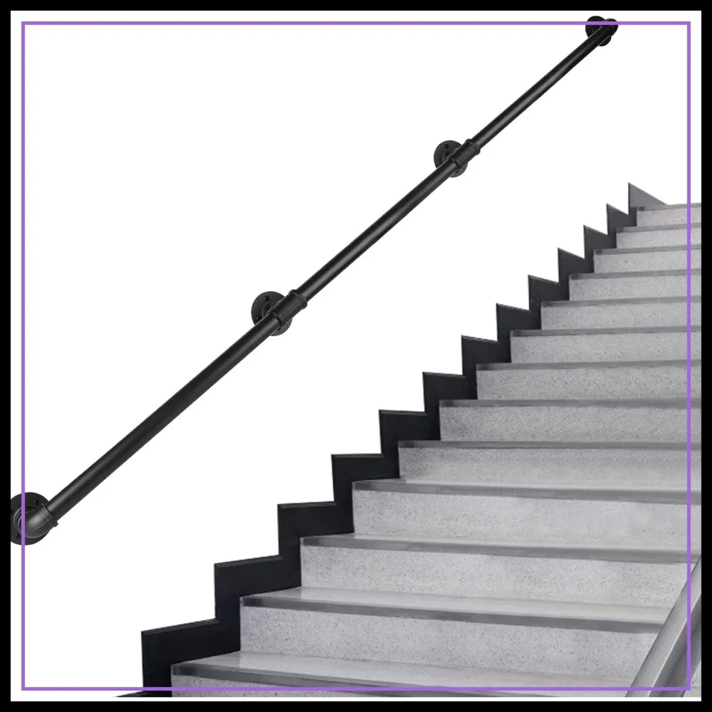

12 Ft Metal Staircase Handrail, Black Galvanized Industrial Iron Hand Rail for Indoor & Outdoor Wall Mount Support, Safety Handle