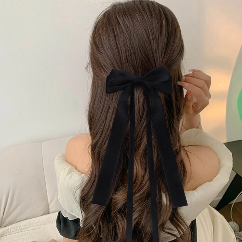 4PCS Sweet Hair Clip Harajuku Ribbon Bowknot Spring Hair Clip for Ponytail Braids Hairpins for Teens Children