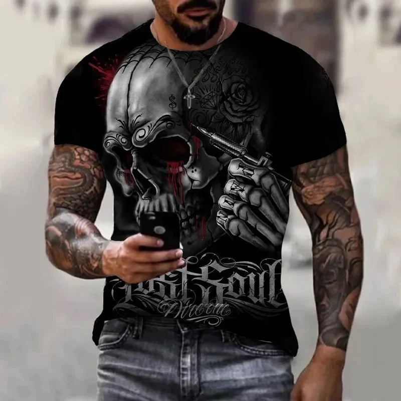 New Men\'s Skull 3D Printed Short Sleeved T-shirt Retro Casual Fashionable Shirt Summer Streetwear Oversized Tops Tee Clothing