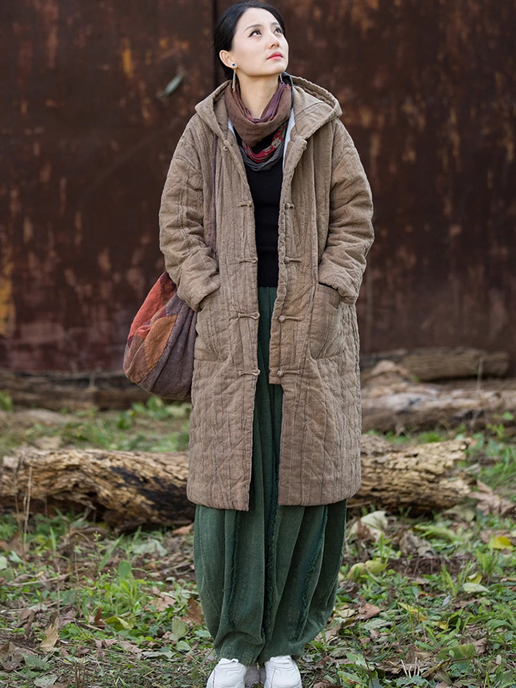 

Женские хлопковые и льняные повседневные парки, Новое поступление, зима 2025 года, винтажный стиль, женские толстые теплые длинные пальто с капюшоном, M2085