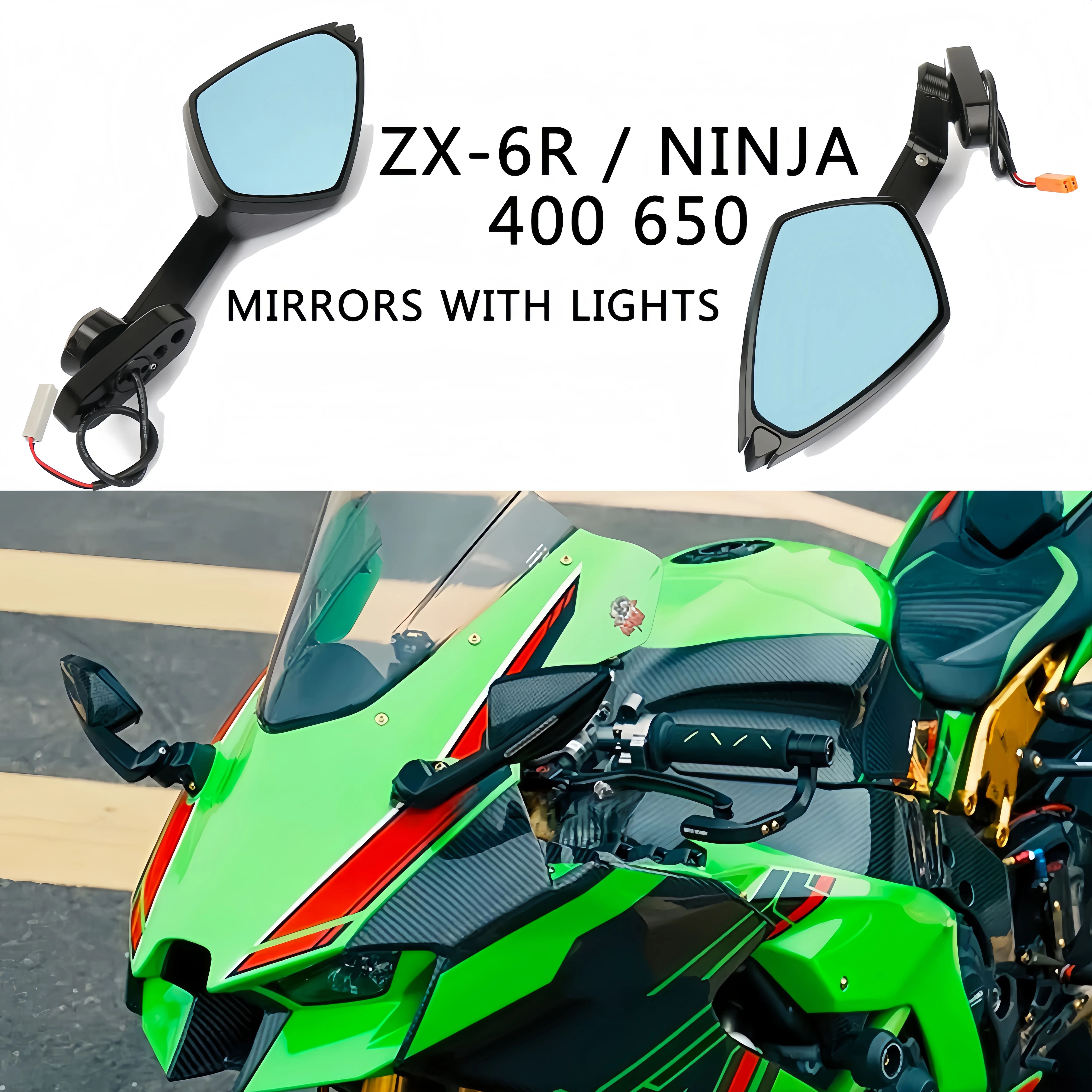 For Kawasaki Ninja 400 650 ZX-6R ZX-10R New Adjustable Swivel Comfort LED Turn Signal Mirror ABS Carbon Fiber/Stripes Black