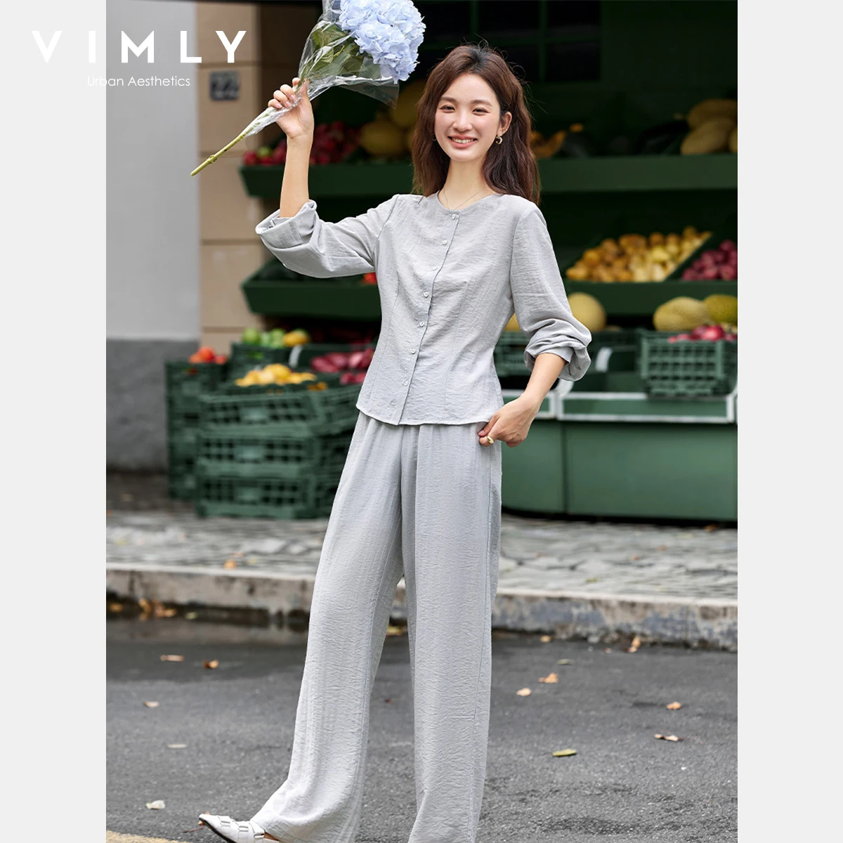 

VIMLY Woman 2 Piece Outfit Set Green Texture Autumn 2025 Round Neck Lace-Up Tops Wide Legs Long Pants Female Trouser Sets A2880