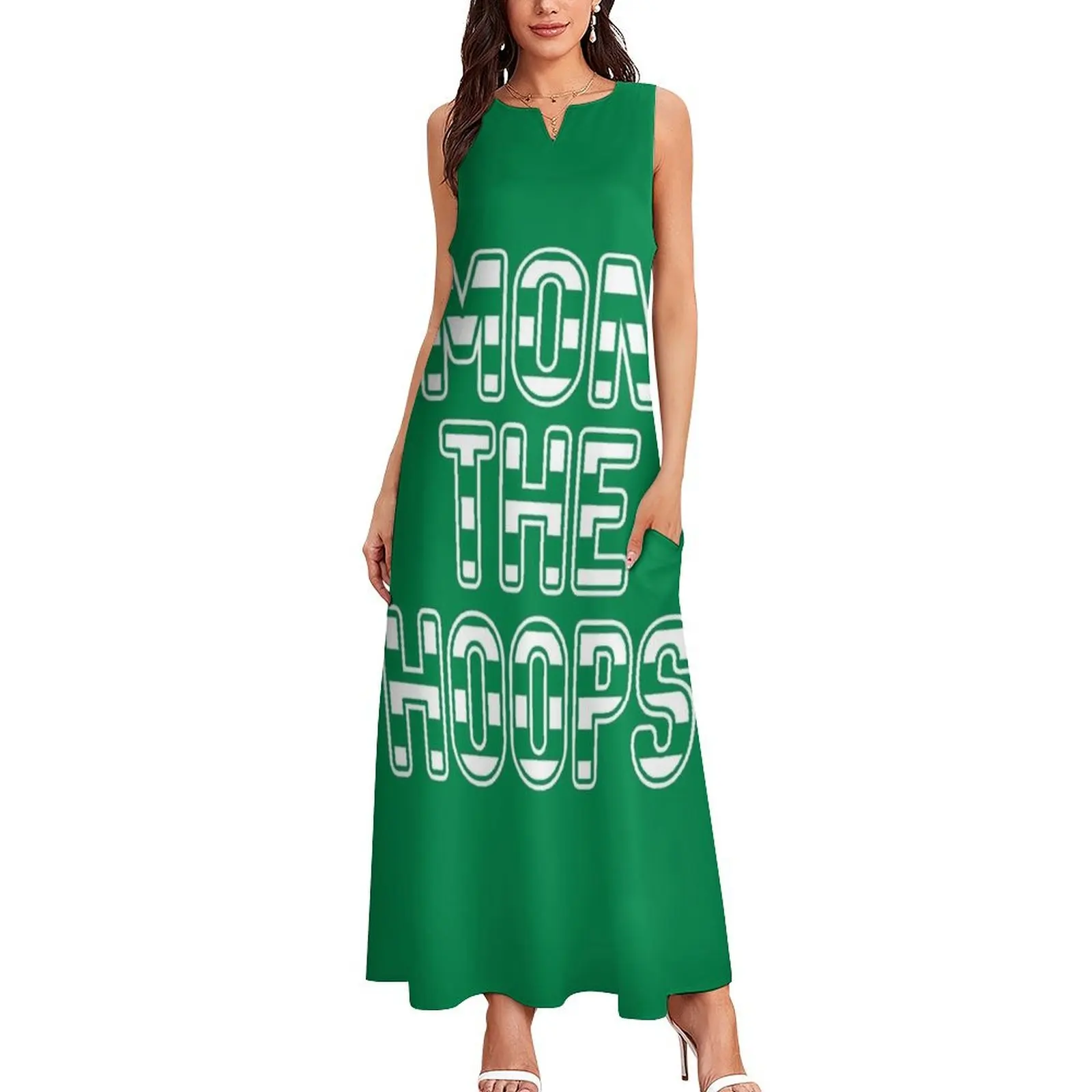 Mon The Hoops, Glasgow Celtic Football Club Green and White Striped Text Design Long Dress party dresses women