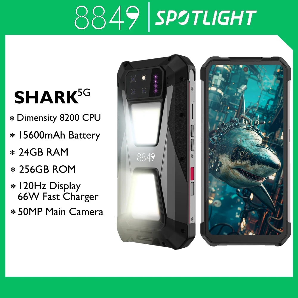 8849 SHARK-Smartphone Robusto, 5G, 24GB RAM, 12GB + 12GB, 256GB ROM, 15600mAh, Tela 120Hz, NFC, WiFi 6 50MP Câmera, Telefone 66W