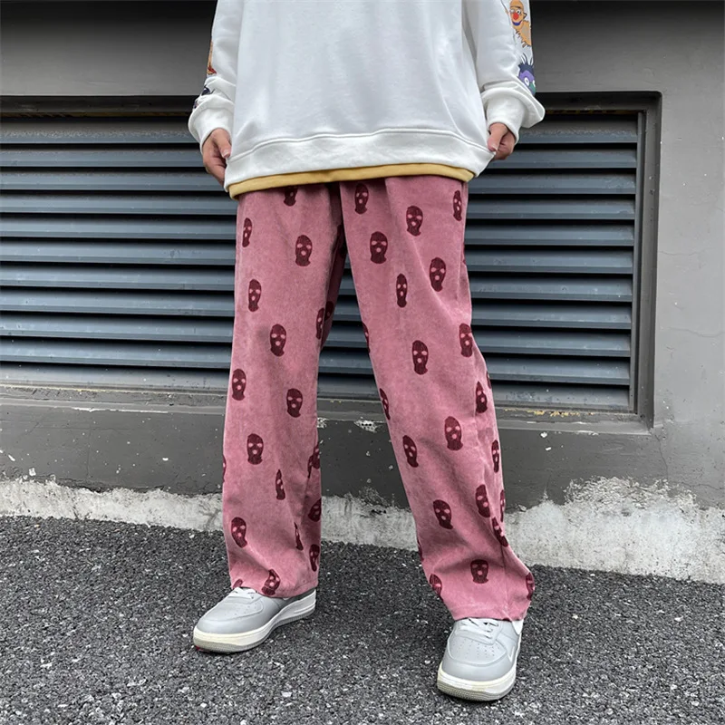 

Mens New Skull Printed Pink Cargo Pants Men Streetwear Casual Trousers Vintage Corduroy Straight Long Baggy Pants Pantalon Homme