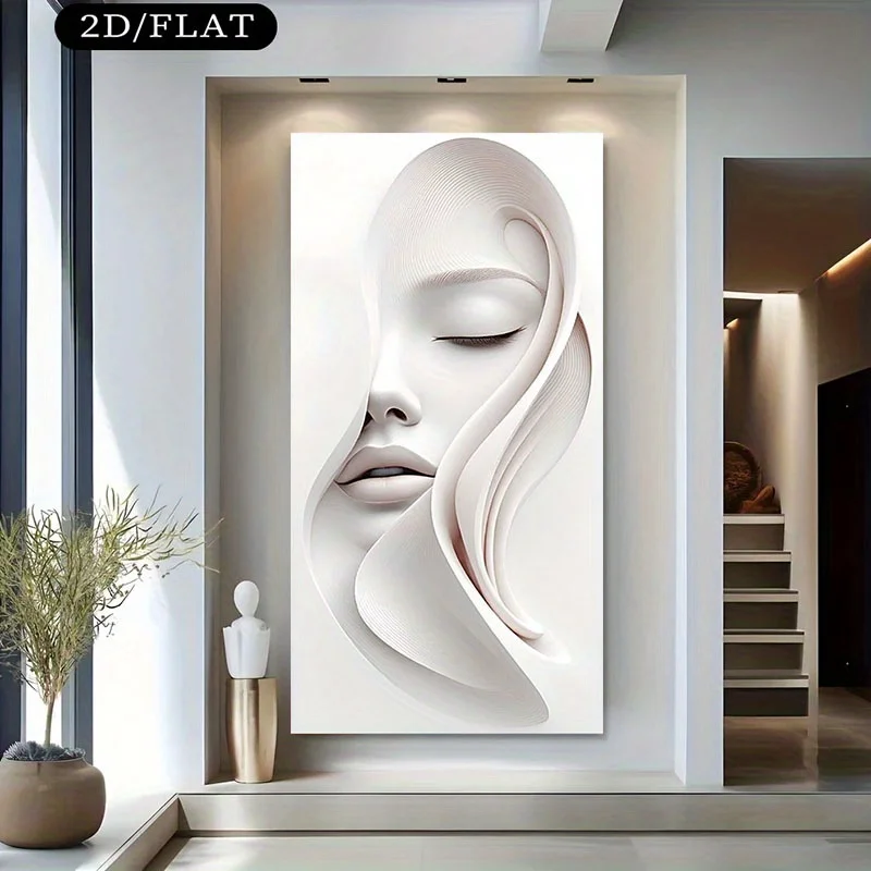 

2D Flat Modern Abstract White Face Canvas Wall Art, Frameless Minimalist Beige & White Neutral Artwork for Living Room Decortion