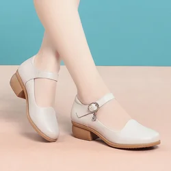3cm Plus Size 35-42 Breathable Shallow Mouth Soft Leather Mary Janes 2026 Block Heels Shoes Platform Single Shoes Office Mom