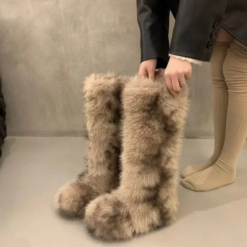 

2026 Brown Fur Plush Shoes Round Head Fluffy Knee Boots Women's Winter Warm Mid Top Boots