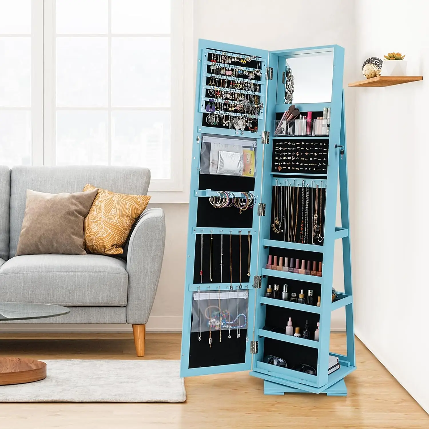 خزانة مجوهرات دوارة 360 درجة، منظم مجوهرات قائم مع مرآة كاملة الطول ومساحة تخزين كبيرة، مرآة يهودية قابلة للقفل #2