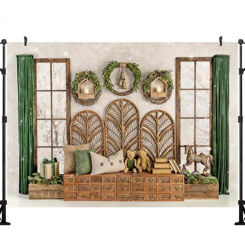 LS Xmas Decorated Window Backdrops Kids Adult Photography Props Christmas Trees Wreath Gifts Box Backgrounds