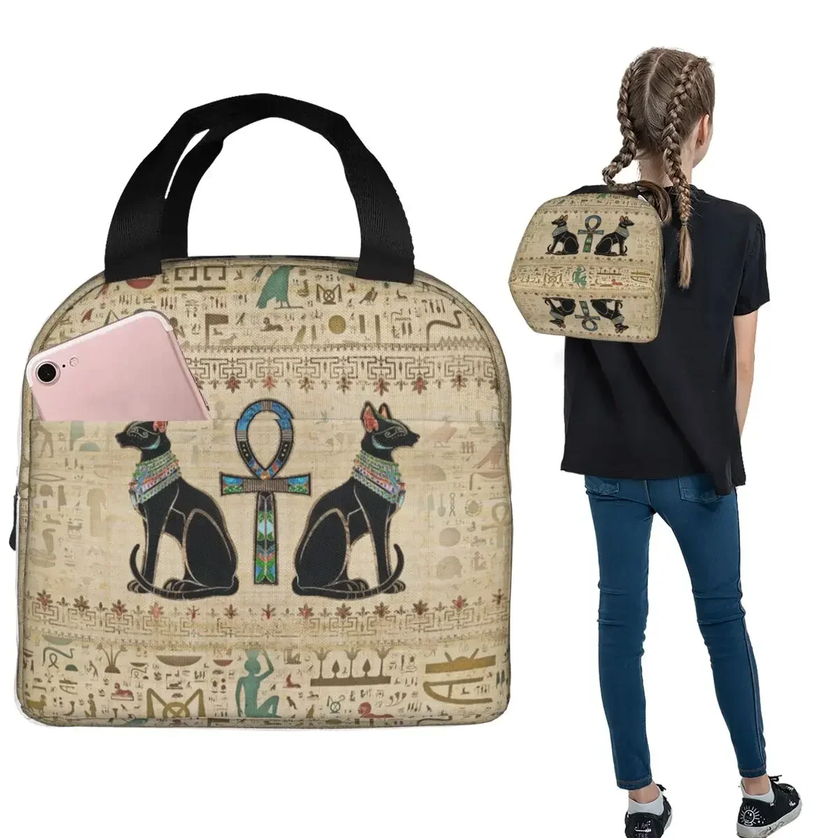 Egyptian Cats And Ankh Cross Insulated Lunch Bag for Women Kids Leakproof Food Boxes Thermal Lunch Box Tote