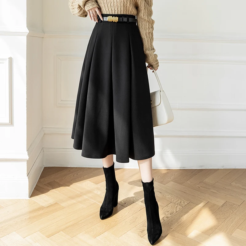 New 2024 Autumn Winter Woolen Skirt Women With Belt Korean Fashion High Waist Brown Or Black A Line Casual Pleated Skirts Womens