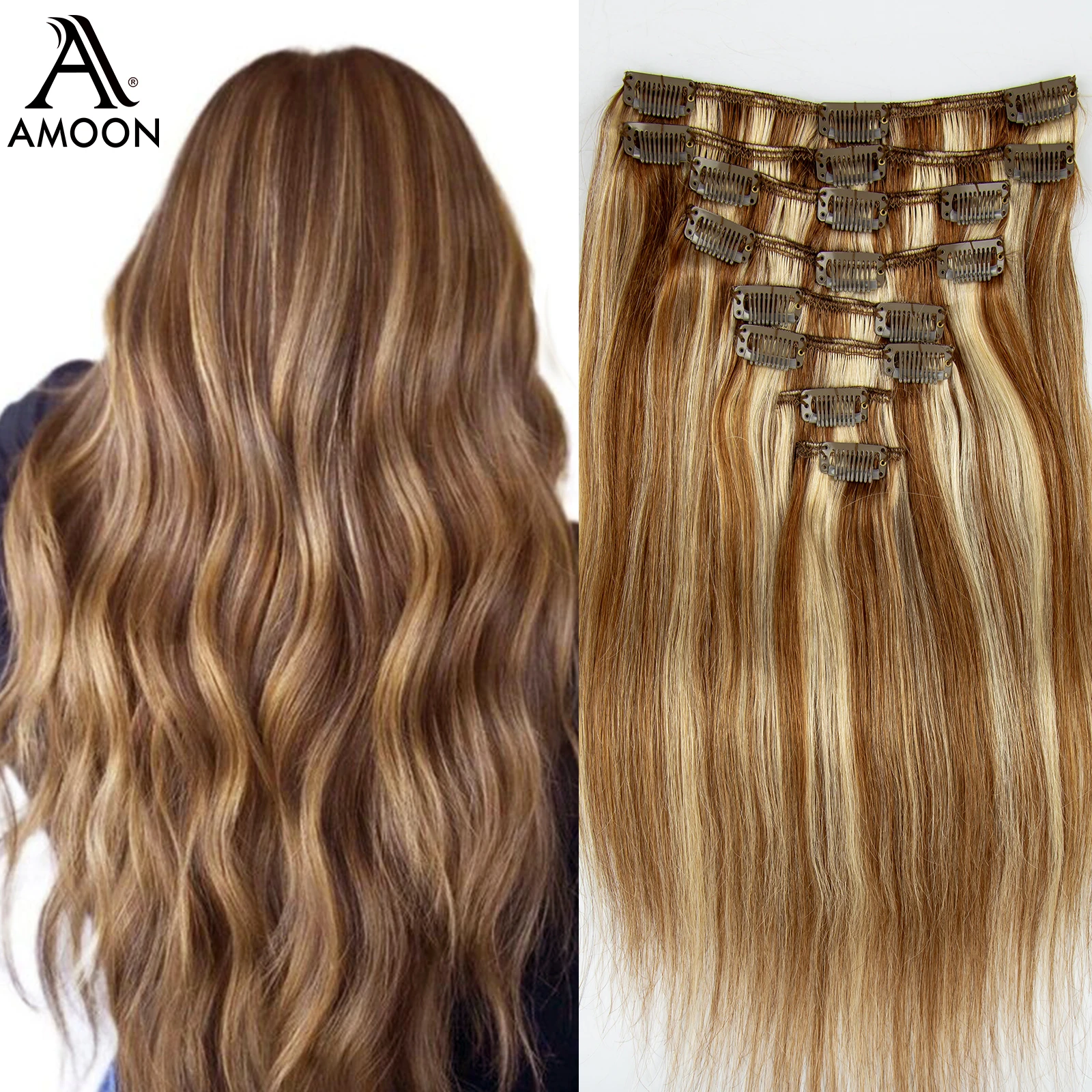 Amoon Blenched Colored Clip in Hair Extensions Real Natural Hair Remy Straight Set 8 Pcs Brazilian Clip in Human Hair Extensions