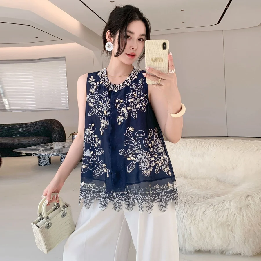 

Exquisite Hand Embroidered Silk European Organza Shirt Vest for Ladies Artistic Treasure Heavy Work Beading Summer Fashion