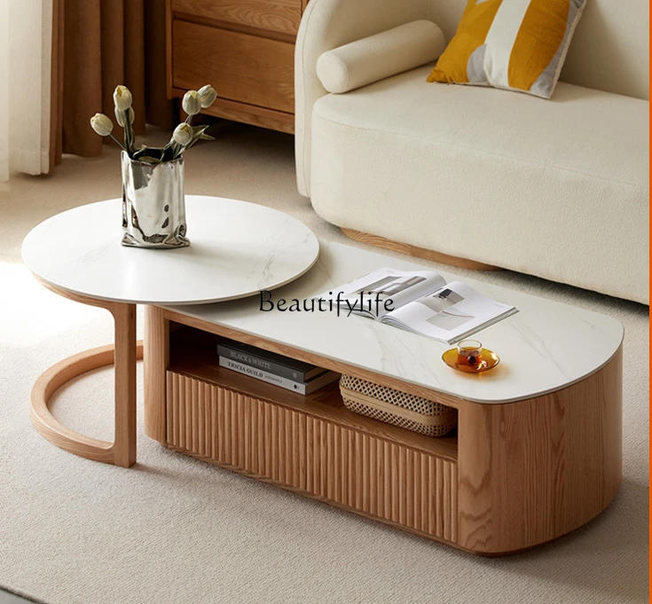 

Solid Wood Tea Table Modern Minimalist Tea Table Living Room Combination Stone Plate Oak Tea Table