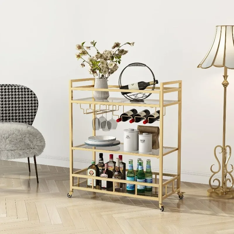 Bar Cart Gold with Bottle Storage and Wine Glass, Rolling Serving Bar Cart on Wheels Indoor & Outdoor, Patio