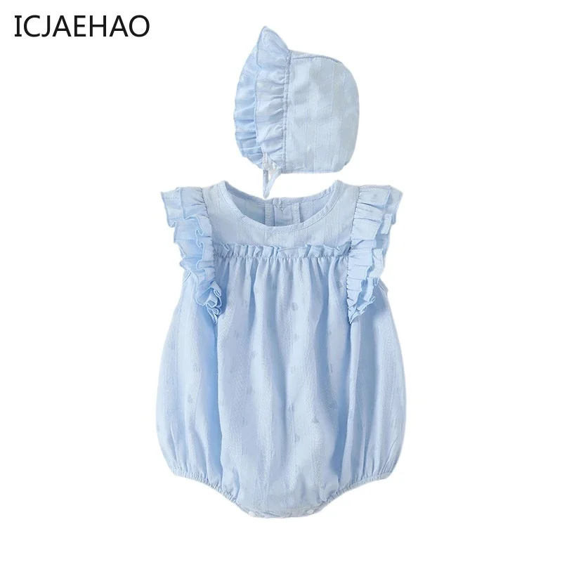 

ICJAEHAO 2024 Baby Clothes Summer Thin Blue Series Piled Sleeve Pure Cotton Bag Fart Korean Round Neck Newborn Western Style