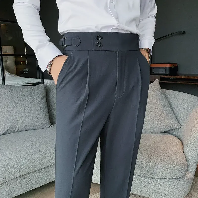 Men's Suit Pants British Style Solid Color High Waist Pants Men Formal Business Slim Fit Suit Pants Social Wedding Casual
