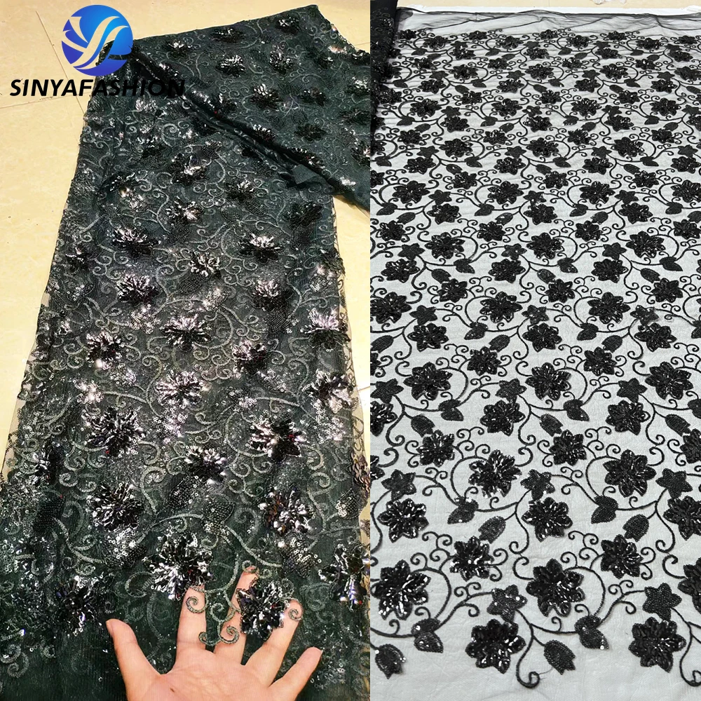 

Sinya Black African Lace Fabric 2023 Nigerian French Net High Quality Embroidery Tulle Mesh Sequins Lace For Wedding Party Dress