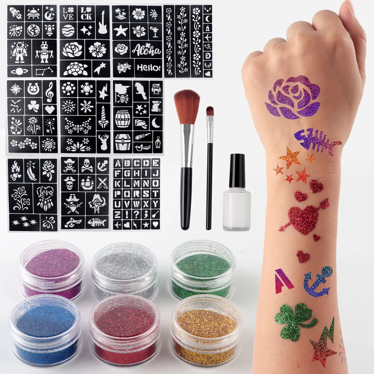かわいいグリッタータトゥーキット メイクアップパーティー用 DIY 一時的なメタリックフェイクタトゥー+パーティー記念品用の大きなステンシルセット ギフト