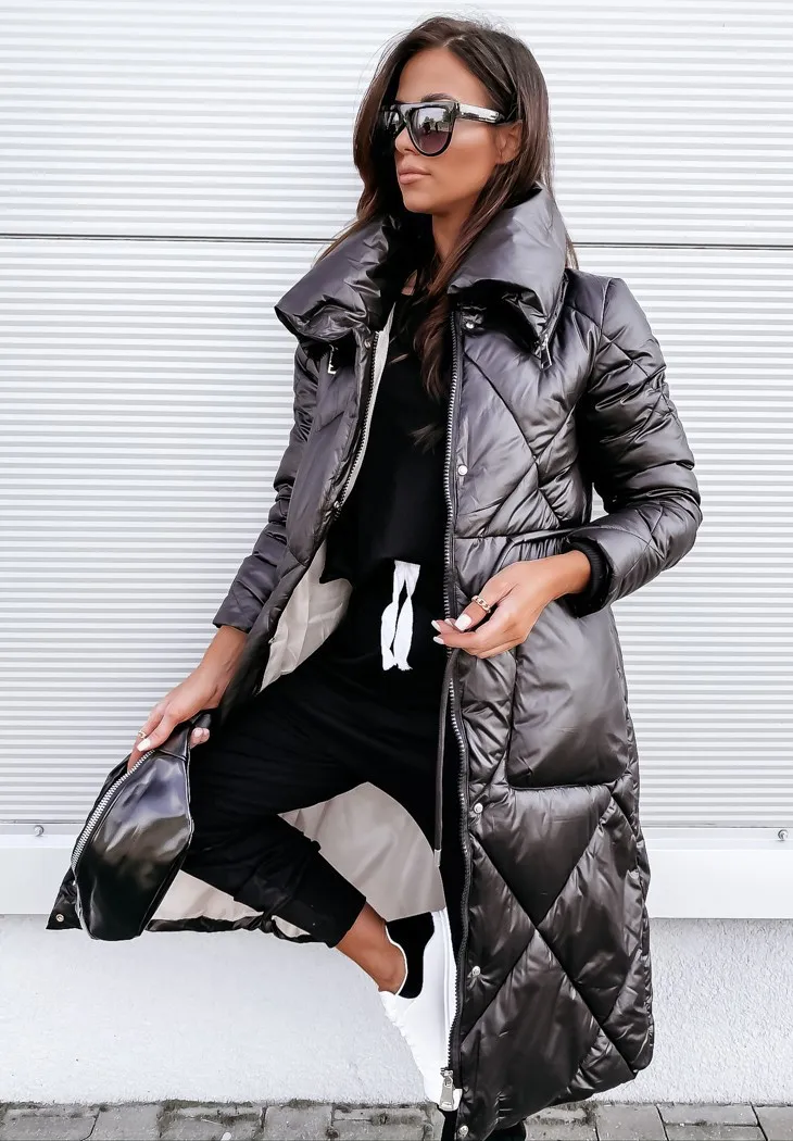 Glossy Color Elegant Lady Cloth Turn-down Necklace Long Women's Top Zipper Long Cotton Coat Party Vestidos Y2k、