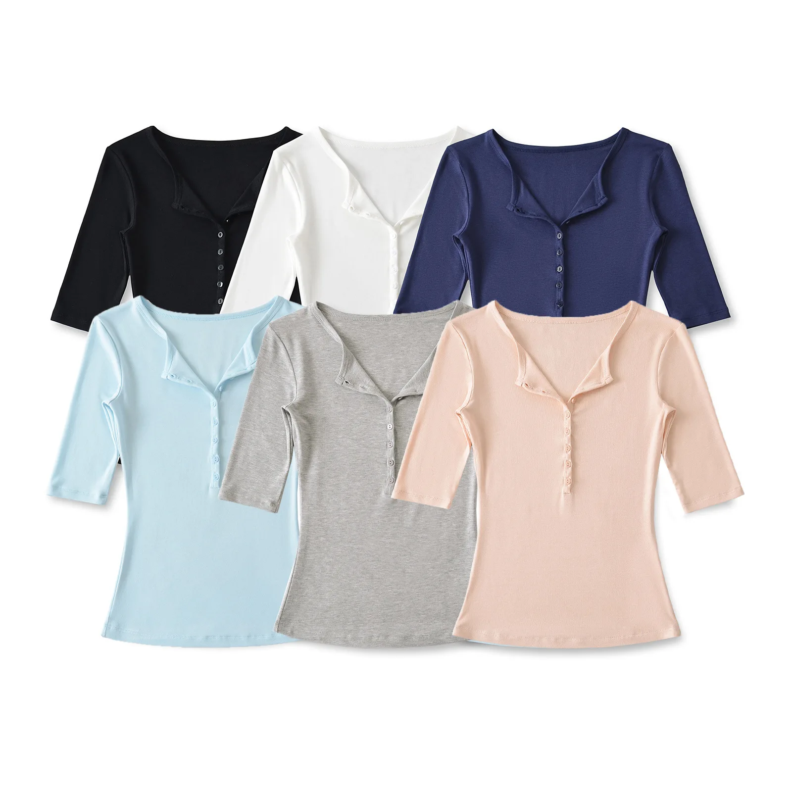 Button V-neck Five-quarter-sleeved T-shirt Women's Summer 2025 Slim-fit Knitted High-end Half-sleeved Short Top