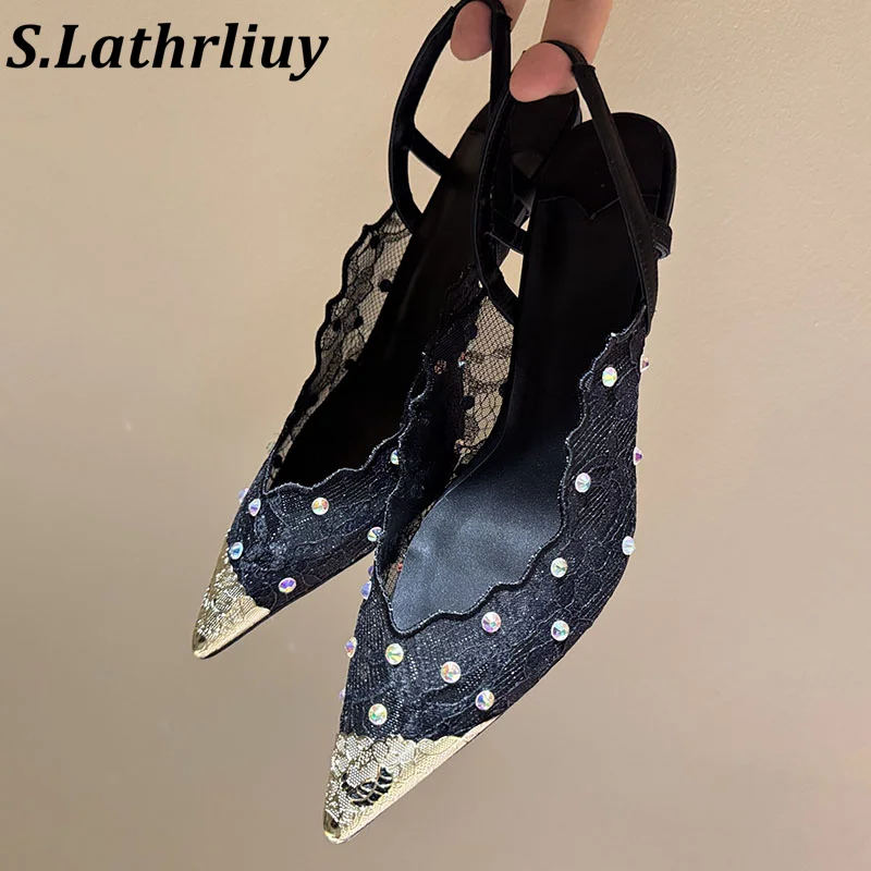 Sandals Summer 2026 New Lace Splicing Design High Heel Pointed Sandals Women solid color Banquet Dress Shoes Wedding High Heels