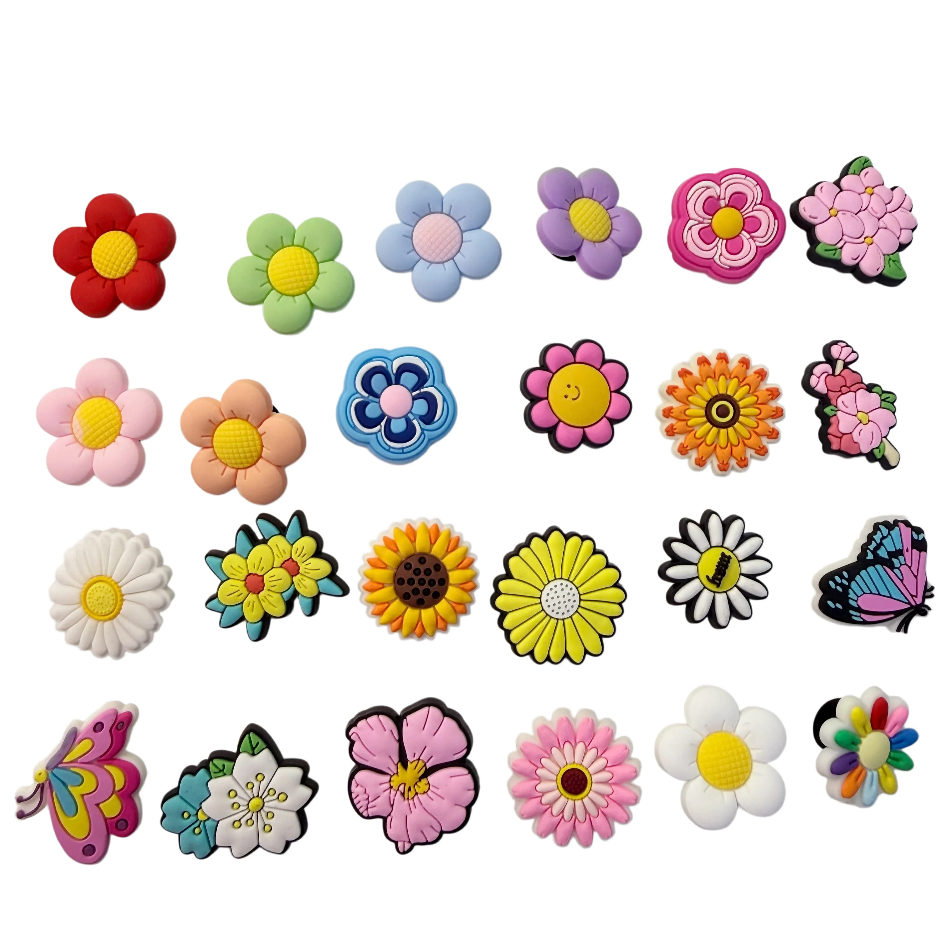 24-100Pcs Various Flowers Butterfly PVC Shoe Charms Sunflower Daisy Shoes Buckle Decorations DIY Woman Backpack
