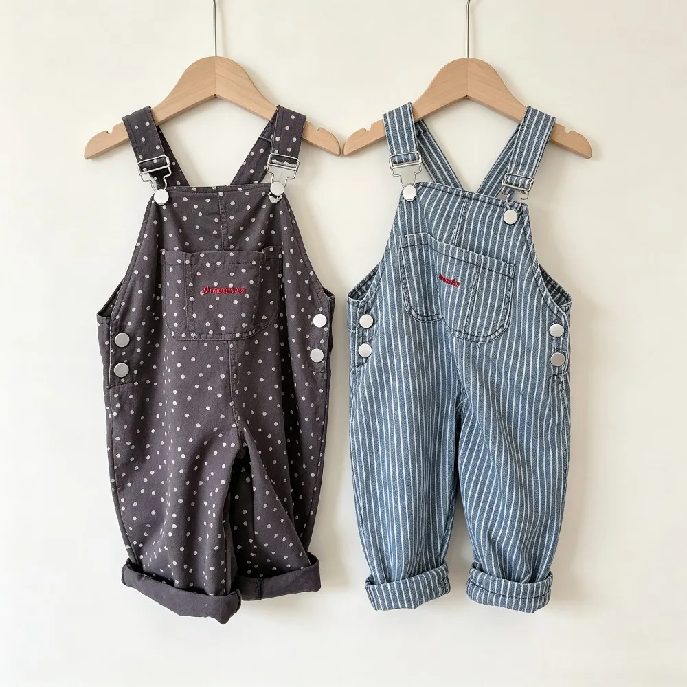 Kids Dot Striped Denim Overalls Adjustable Strap Bib Pants Embroidery Loose Casual Toddler Boys Girls Spring Autumn Jumpsuit