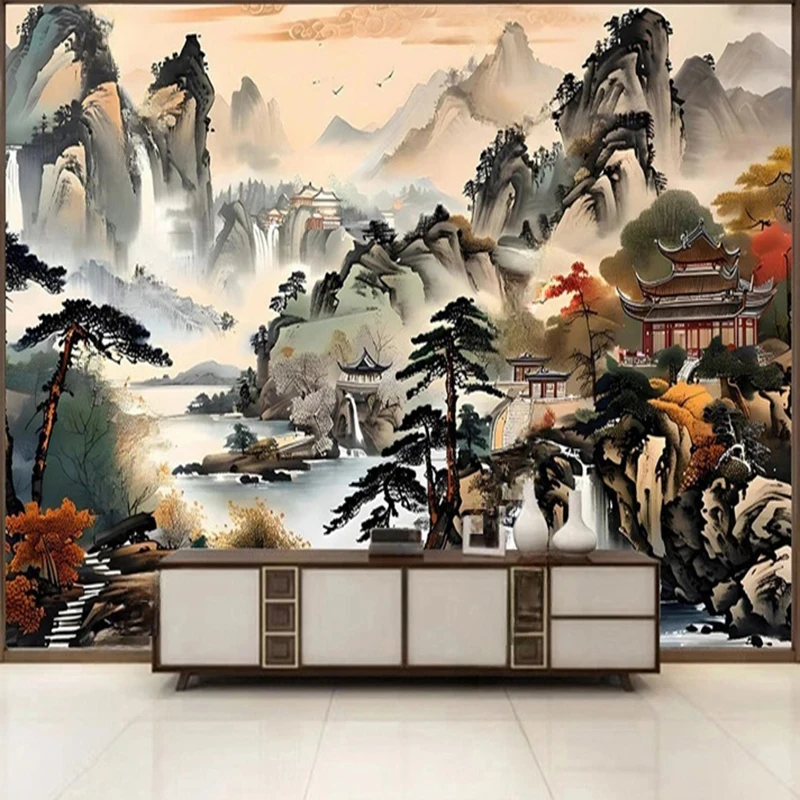 Custom Printed Mural Papel Tapiz- New Chinese Style Hand-Painted Pine Tree Mountain Landscape Wall Art Home Decor Wall Coverings