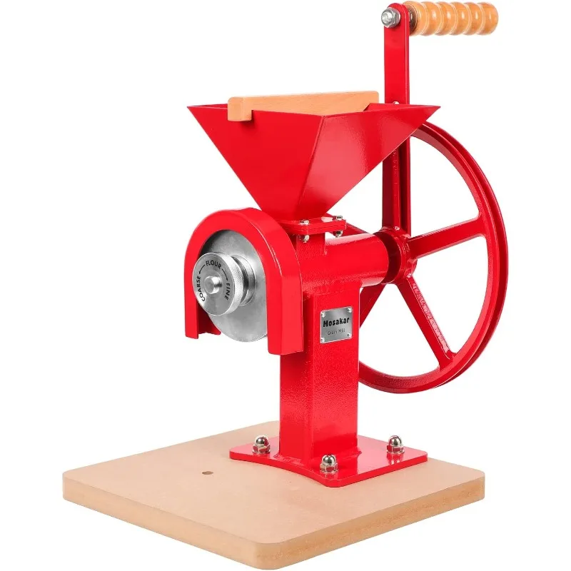 Hand Crank Grain Mill - Red. Exclusive Click & Lock adjustment knob, Make Fine Flour. Stainless Steel Grinding burrs. Wheat