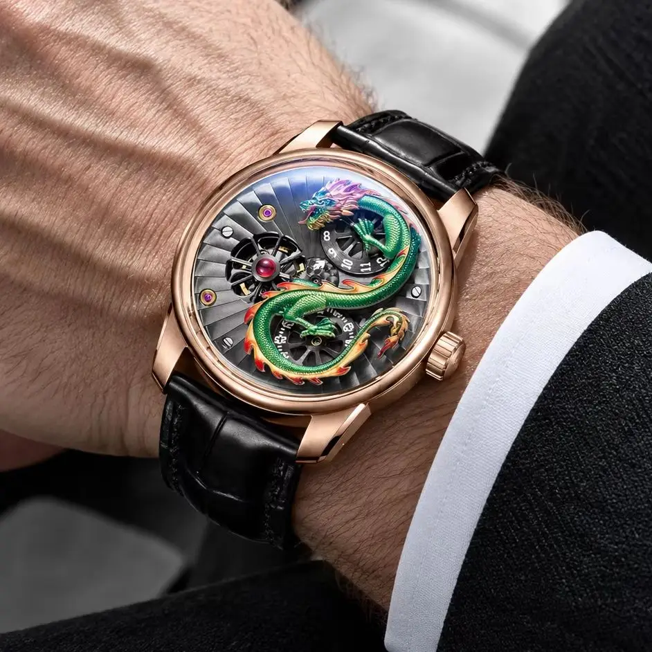 OBLVLO Men's Automatic Mechanical Skeleton Watch 3D Dragon Dial Luminous Rose Gold Case Crocodile Pattern Leather Strap